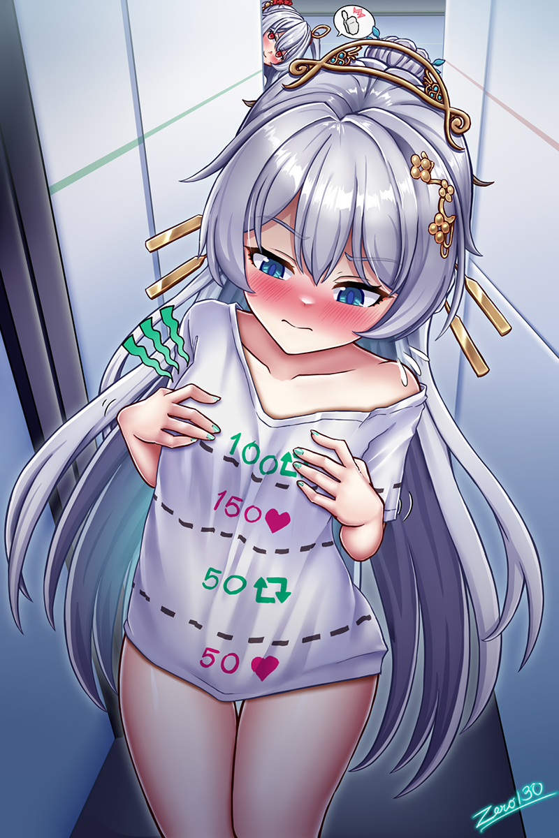 blus, zero130rider, theresa apocalypse, theresa apocalypse (luna kindred), theresa apocalypse (lunar vow: crimson love), theresa apocalypse (redolent in red), zhuge kongming (honkai impact), honkai (series), honkai impact 3rd, highres, 2girls, aqua nails, artist name, blue eyes, blush, closed mouth, embarrassed, hair ornament, long hair, multiple girls, nail polish, red eyes, shirt, smile, very long hair, white shirt