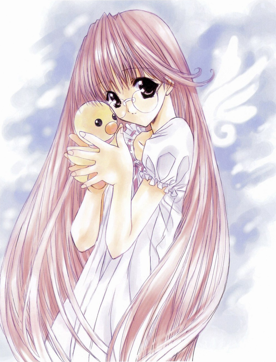nanase aoi, angel dust, hatori yuina, angel/dust, angel flavor, artbook, highres, 1girl, bow, doll, female focus, glasses, lingerie, long hair, nightgown, solo, underwear, wings