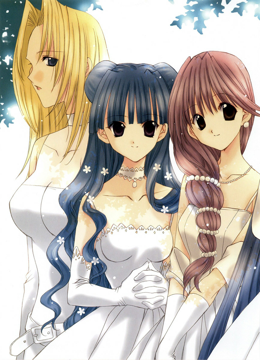 nanase aoi, angel dust, hatori yuina, kudoh akiho, kudou akiho, seraph (angel dust), angel/dust, angel flavor, artbook, highres, 3girls, bare shoulders, dress, earrings, elbow gloves, gloves, jewelry, multiple girls, multiple wings, necklace, seraph, wings