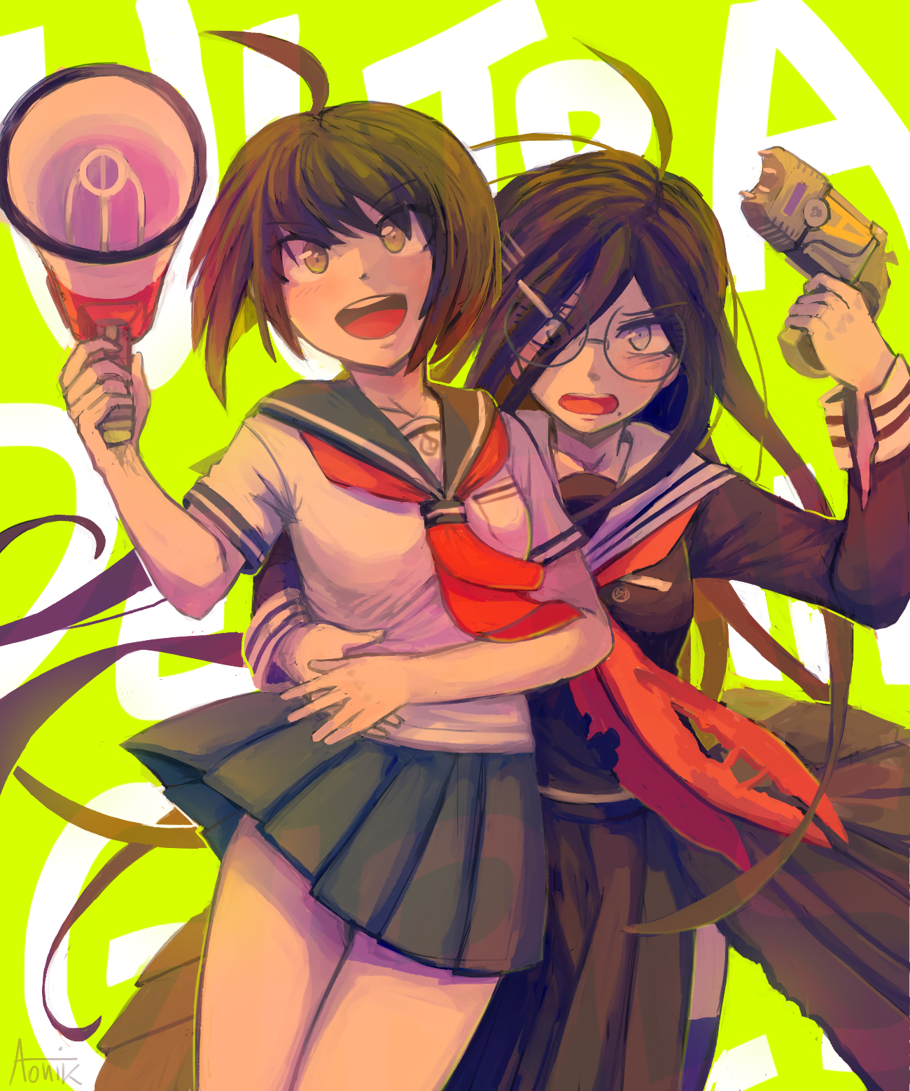 aonik, fukawa toko, naegi komaru, danganronpa (series), danganronpa another episode: ultra despair girls, commentary, highres, 2girls, :d, ahoge, antenna hair, artist name, black shirt, black skirt, blue sailor collar, blue skirt, breast pocket, eyelashes, glasses, hair between eyes, hair ornament, hairclip, hand on another's hip, holding, holding hands, holding megaphone, holding stun gun, long hair, long skirt, long sleeves, megaphone, mole, mole under mouth, multiple girls, neckerchief, necktie, open mouth, pocket, red neckerchief, red necktie, round eyewear, sailor collar, shirt, short hair, short sleeves, signature, skirt, smile, teeth, torn clothes, torn neckerchief, torn skirt, upper teeth only, white sailor collar, white shirt
