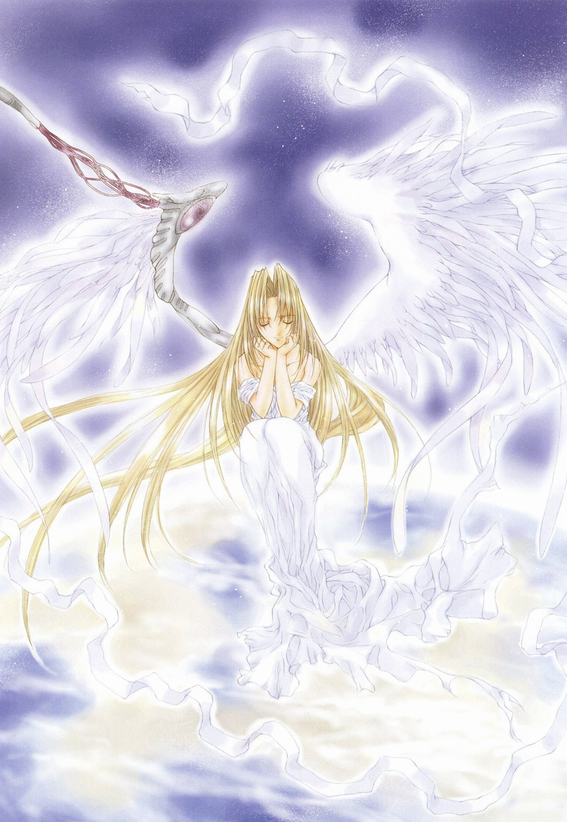 nanase aoi, angel dust, seraph (angel dust), angel/dust, angel flavor, artbook, highres, bare shoulders, blonde hair, long hair, multiple wings, seraph, solo, wings