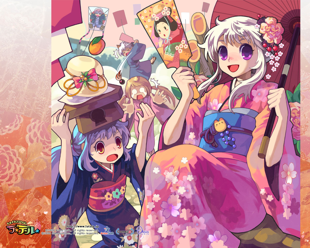 explorer (latale), iris (latale), knight (latale), priring, wizard (latale), latale, official art, official wallpaper, 00s, 1boy, 2006, 2007, 3girls, :d, ^^^, animal ears, blonde hair, blue hair, blush, company name, copyright name, floral print, flower, furisode, hagoita, hair ornament, hanetsuki, hat, holding, holding umbrella, japanese clothes, kagami mochi, kanzashi, kimono, long hair, low twintails, multiple girls, nose blush, o o, obi, oil-paper umbrella, open mouth, orange eyes, outstretched arms, paddle, ponytail, purple eyes, purple hair, sash, smile, teardrop, tsumami kanzashi, twintails, umbrella, watermark, web address, white hair