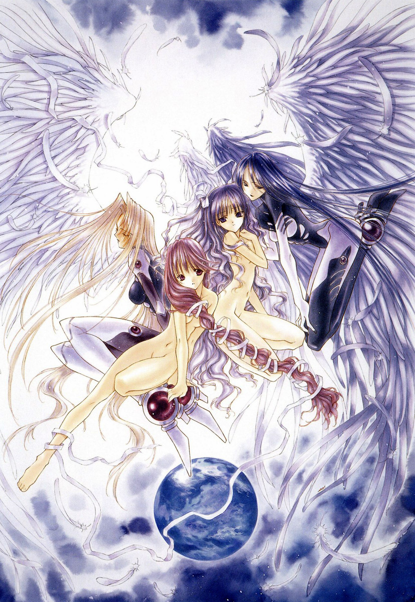 nanase aoi, angel dust, hatori yuina, kudoh akiho, kudou akiho, lucifer (angel dust), lucifer (mythology), seraph (angel dust), angel/dust, angel flavor, artbook, highres, 4girls, braid, earth (planet), hair ribbon, long hair, multiple girls, multiple wings, nude, planet, ribbon, seraph, wings