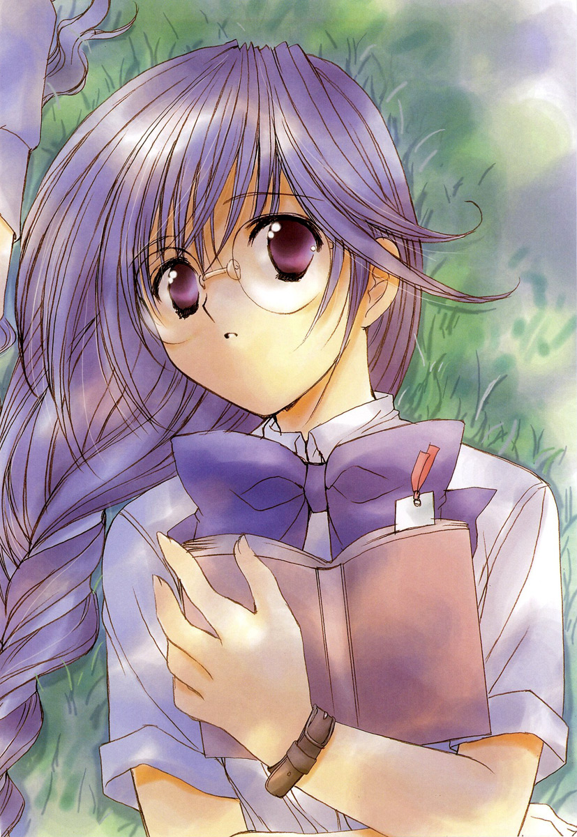 nanase aoi, angel dust, hatori yuina, angel/dust, angel flavor, artbook, highres, book, glasses, school uniform, serafuku, solo