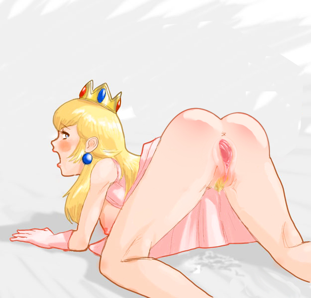 princess peach, mario (series), nintendo, super mario bros. 1, third-party edit, 1boy, 1girl, all fours, anus, ass, blonde hair, blush, bottomless, breasts, clothes lift, crown, doggystyle, dress, dress lift, earrings, game, gloves, hat, hetero, invisible penis, jewelry, long hair, nipples, no panties, open mouth, presenting, princess, pubic hair, pussy, sex, sex from behind, solo focus, uncensored, vaginal