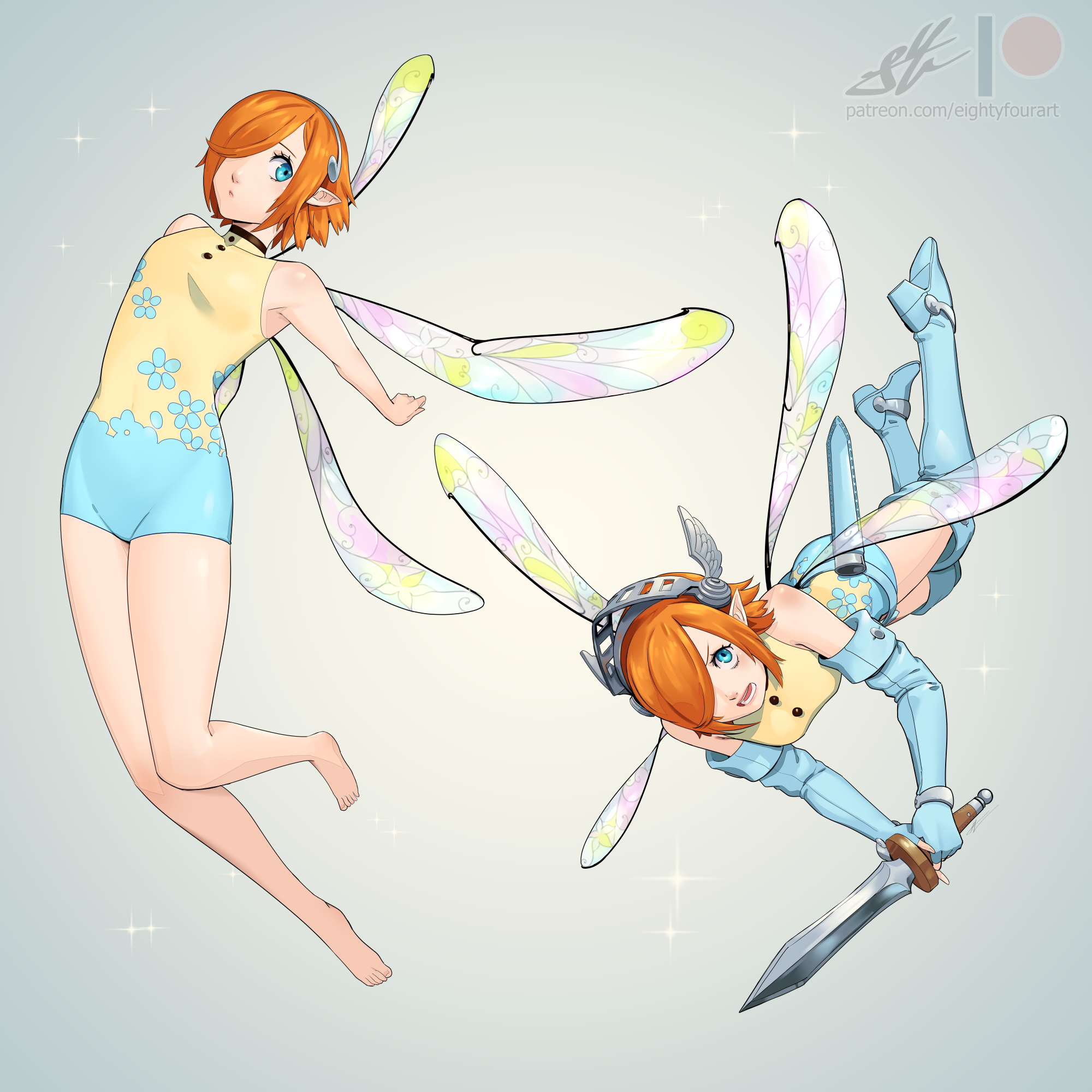 eightyfourart, gallica (metaphor: refantazio), metaphor: refantazio, commentary, highres, 1girl, bare legs, bare shoulders, barefoot, blue boots, blue eyes, blue gloves, boots, closed mouth, elbow gloves, fairy, fairy wings, floral print, full body, gloves, gradient background, hair over one eye, hairband, holding, holding sword, holding weapon, leotard, looking at viewer, multicolored leotard, multiple views, official alternate costume, orange hair, patreon logo, patreon username, pointy ears, print leotard, short hair, sword, thigh boots, two-tone leotard, watermark, weapon, wings, yellow leotard