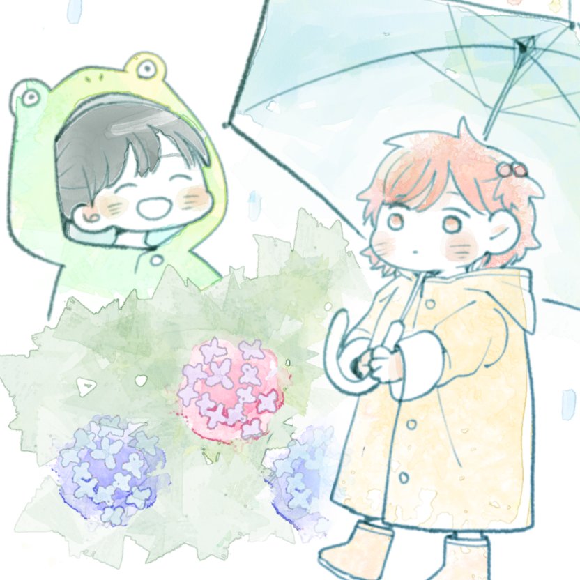 ponpocoponco, 2girls, animal costume, black hair, blush, bush, copyright name, couple, frog costume, maekawa akane, multiple girls, raincoat, red hair, shimizu makoto, simple background, smile, still sick, umbrella, white background