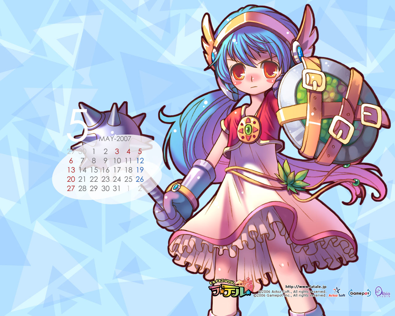 knight (latale), latale, official art, official wallpaper, >:/, 00s, 1girl, 2006, 2007, :/, blue background, blue eyes, blue hair, blush, blush stickers, calendar, company name, copyright name, dress, fantasy, female focus, gauntlets, holding, holding weapon, long hair, mace, matching hair/eyes, nose blush, orange eyes, ponytail, shield, short sleeves, solo, v-shaped eyebrows, very long hair, watermark, weapon, web address