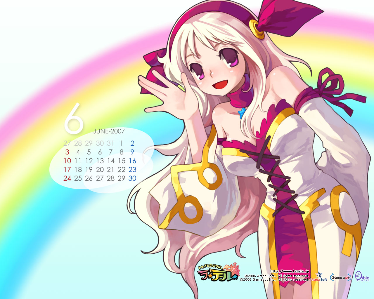 iris (latale), latale, official art, official wallpaper, 1girl, breasts, calendar, female focus, large breasts, purple eyes, ribbon, solo, white hair
