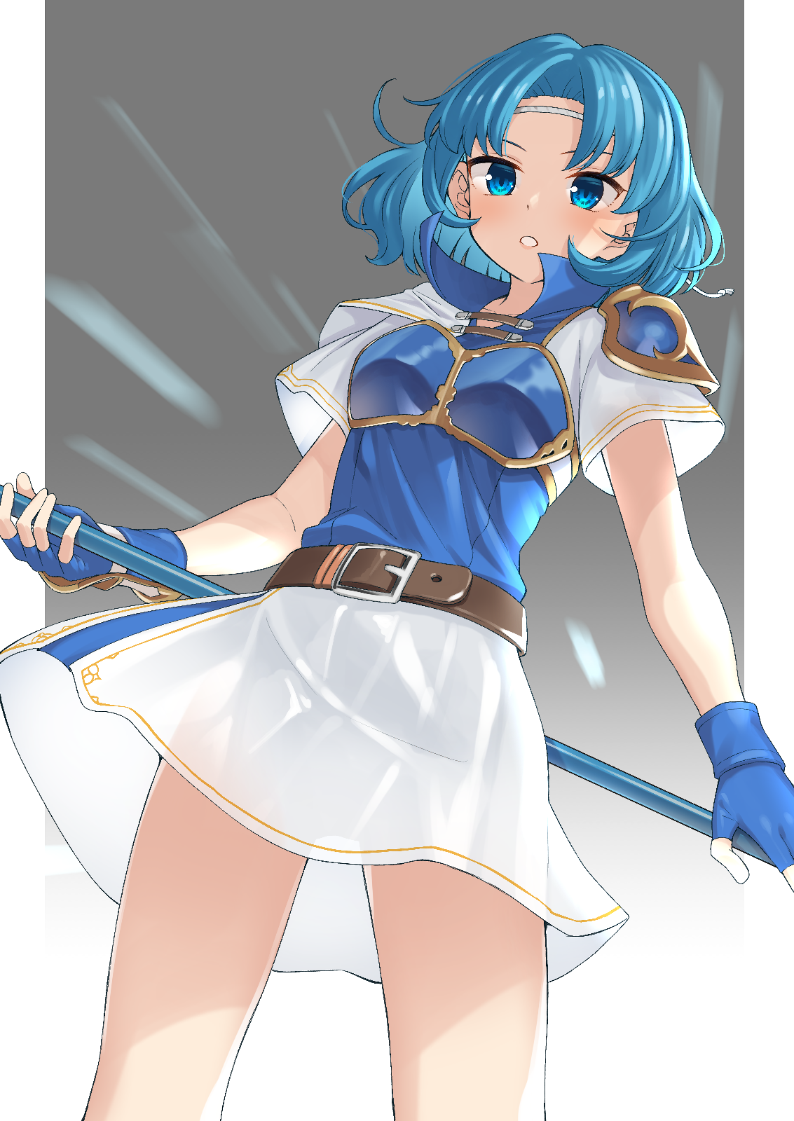 couzone, thea (fire emblem), fire emblem, fire emblem: the binding blade, nintendo, commission, highres, pixiv commission, 1girl, armor, blue armor, blue eyes, blue gloves, blue hair, breastplate, circlet, cowboy shot, fingerless gloves, gloves, grey headband, headband, holding, holding polearm, holding weapon, polearm, short hair, short sleeves, simple background, skirt, solo, spear, weapon, white skirt