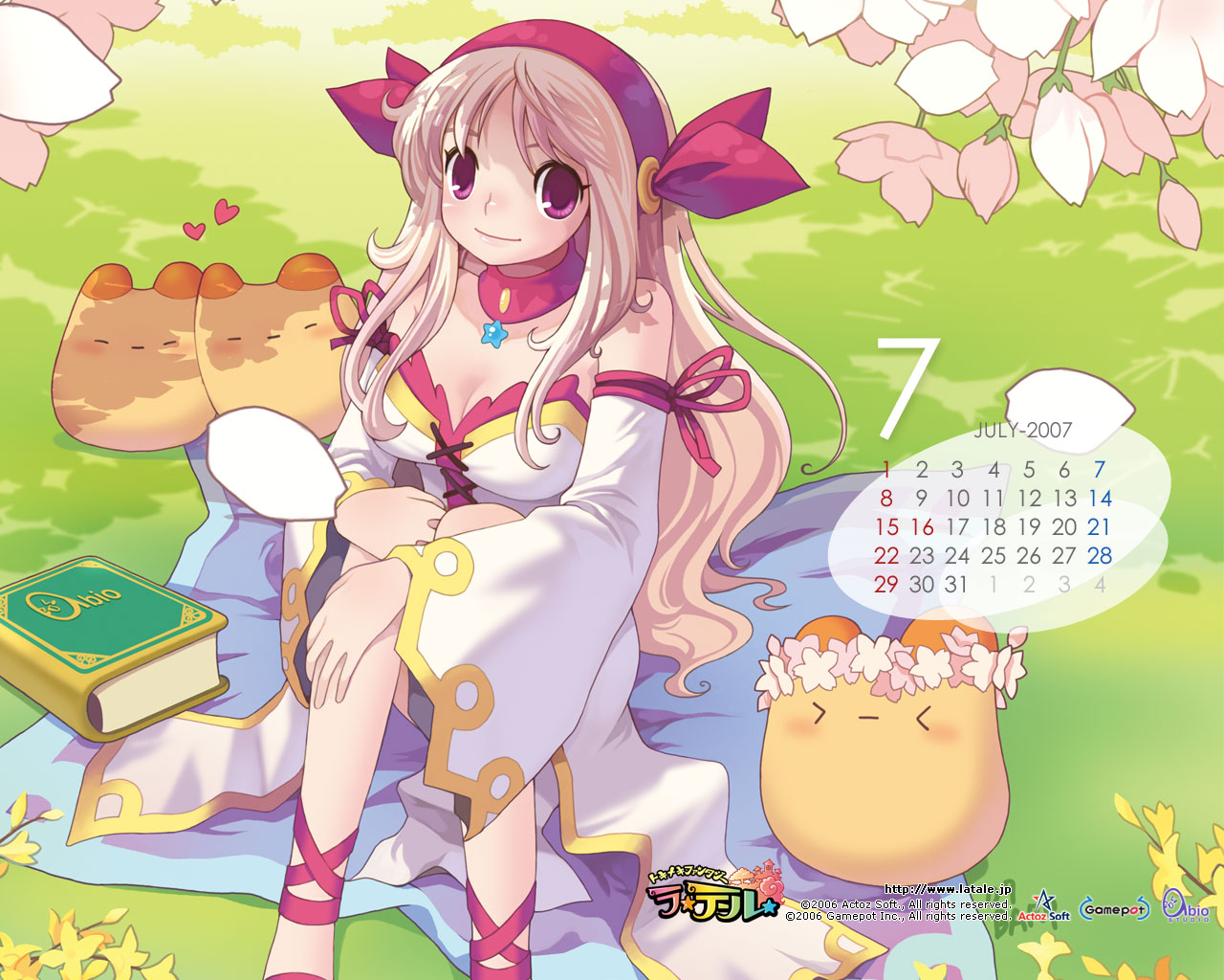 iris (latale), priring, latale, hand on leg, official art, official wallpaper, > <, 00s, 1girl, 2006, 2007, blonde hair, blush, book, breasts, calendar, choker, cleavage, closed eyes, company name, copyright name, detached sleeves, hair ribbon, hand on own knee, head wreath, heart, large breasts, light smile, long hair, long sleeves, purple eyes, ribbon, sitting, star (symbol), watermark, web address, white hair