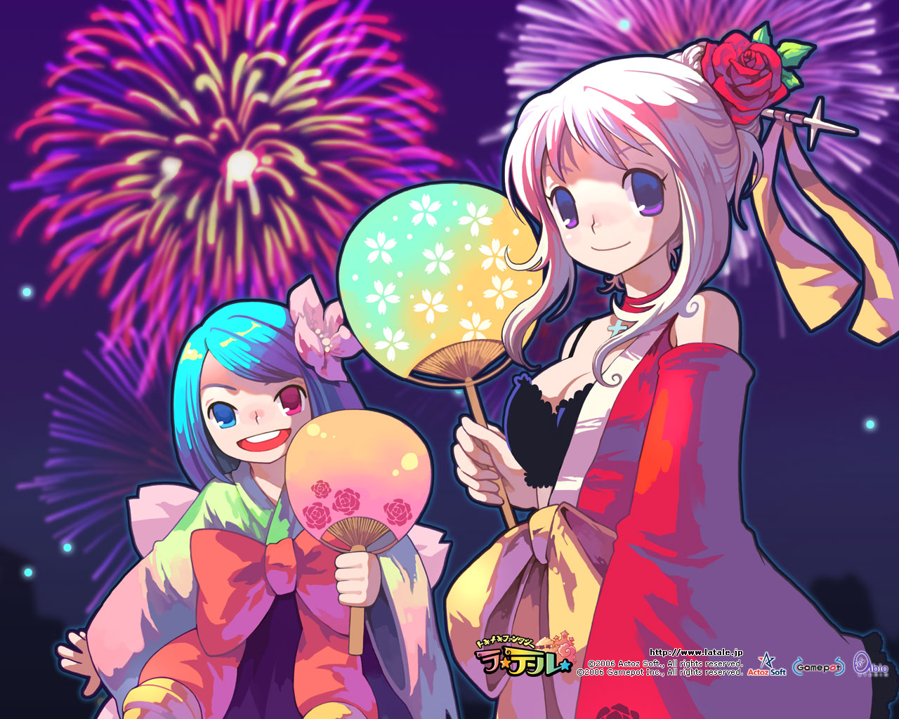 iris (latale), warrior (latale), latale, official art, official wallpaper, 00s, 2006, 2girls, :d, aerial fireworks, alternate hairstyle, blue eyes, blue hair, breasts, cleavage, company name, copyright name, detached sleeves, fireworks, flower, hair flower, hair ornament, hand fan, heterochromia, holding, japanese clothes, multiple girls, open mouth, outdoors, paper fan, purple eyes, red eyes, red flower, red rose, rose, sidelocks, smile, swept bangs, uchiwa, watermark, web address, white hair