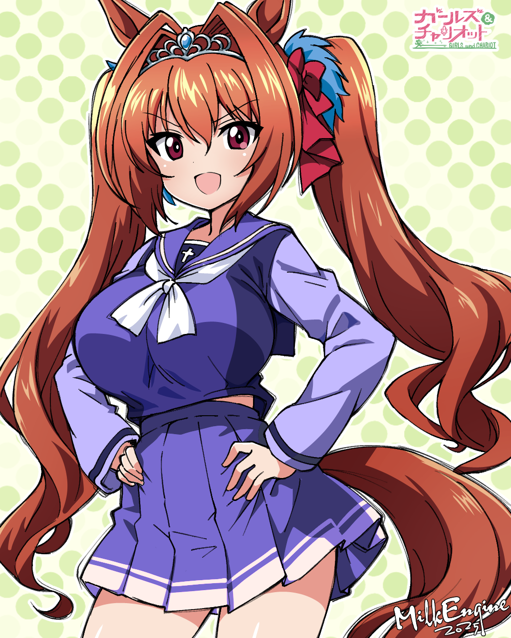 kyosuke fujiwara, daiwa scarlet (umamusume), girls und panzer, umamusume, commentary, highres, 1girl, alternate color, alternate costume, animal ears, artist name, blouse, bow, breasts, brown hair, cowboy shot, dated, green background, grey tiara, hair bow, hair intakes, hands on own hips, horse ears, horse girl, horse tail, large breasts, logo parody, long hair, long sleeves, looking at viewer, midriff peek, miniskirt, neckerchief, ooarai school uniform, open mouth, pleated skirt, polka dot, polka dot background, purple shirt, purple skirt, red bow, red eyes, sailor collar, school uniform, serafuku, shirt, skirt, smile, solo, standing, tail, tiara, tracen school uniform, twintails, very long hair, white neckerchief, white sailor collar