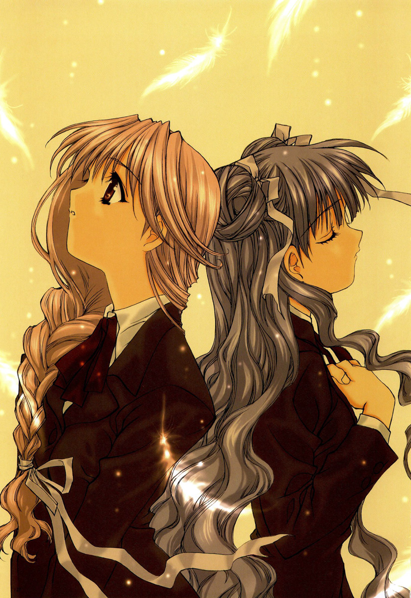 nanase aoi, angel dust, hatori yuina, kudoh akiho, kudou akiho, angel/dust, angel flavor, artbook, highres, 2girls, braid, closed eyes, hair ribbon, multiple girls, ribbon