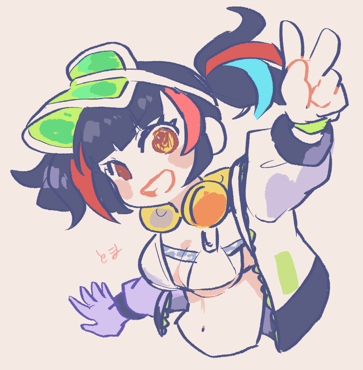 nanakamadomugi, sei shounagon (fate), sei shounagon (swimsuit berserker) (first ascension) (fate), fate/grand order, fate (series), 1girl, bikini, black hair, blue hair, blush, breasts, chibi, cleavage, green hat, hat, headphones, headphones around neck, jacket, looking at viewer, multicolored hair, navel, open clothes, red hair, simple background, smile, swimsuit, twintails, v, visor cap, white bikini, white jacket, yellow eyes