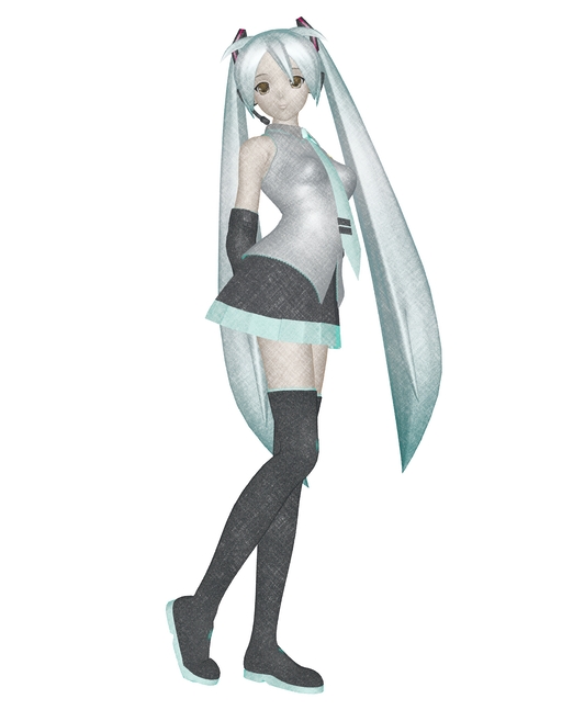 hatsune miku, vocaloid, 1girl, 3d, breasts, female focus, long hair, simple background, solo, standing, thighhighs, twintails, very long hair, white background