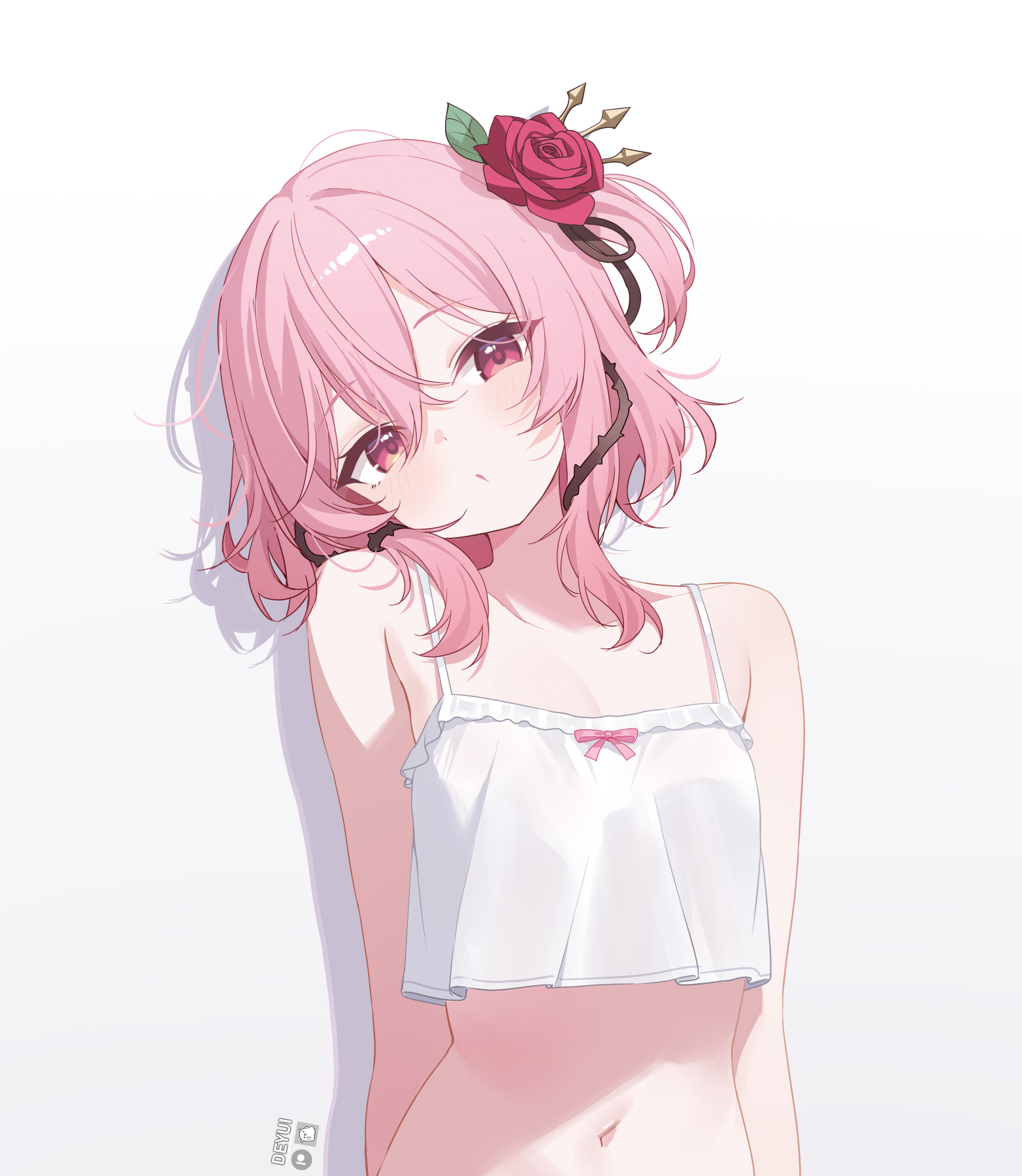 deyui, rosemi lovelock, nijisanji, nijisanji en, commentary, hashtag-only commentary, highres, 1girl, blush, breasts, camisole, flower, hair flower, hair ornament, head wreath, looking at viewer, medium hair, navel, one side up, pink eyes, pink hair, red flower, red rose, rose, solo, stomach, thorns, virtual youtuber, white camisole