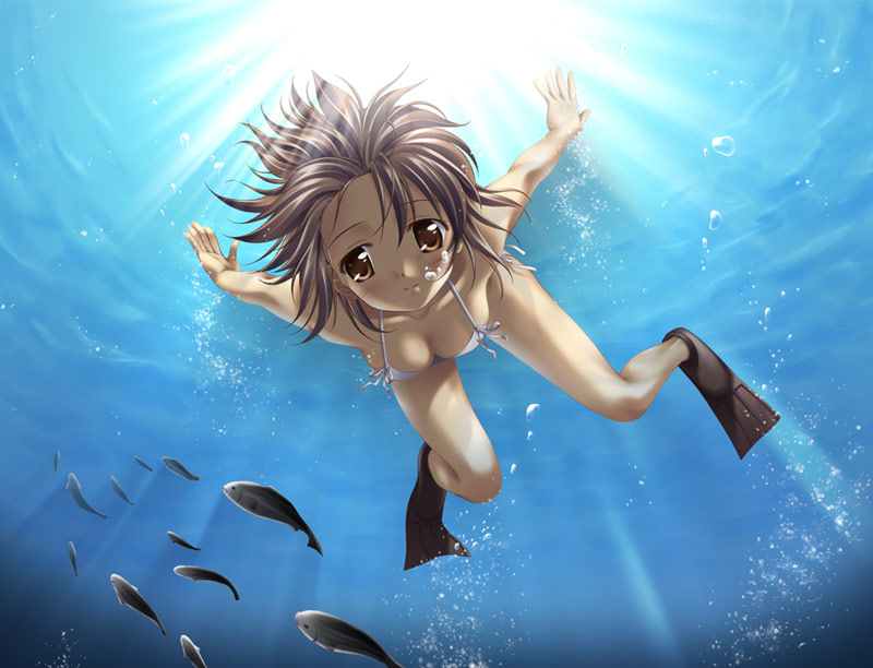 igul, original, bikini, brown eyes, brown hair, bubble, diving, fish, flippers, freediving, short hair, solo, swimming, swimsuit, underwater, water