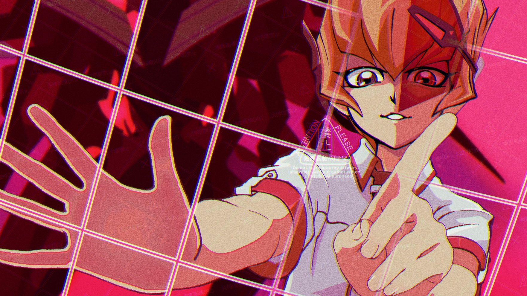 101sh965, vector (yu-gi-oh!), yu-gi-oh!, yu-gi-oh! zexal, highres, 1boy, border, ceiling, duel monster, facing viewer, hair slicked back, looking at viewer, male focus, necktie, open hand, orange hair, ornate border, outstretched arms, pink background, pointing, pointing up, polo shirt, red-tinted eyewear, red eyes, red necktie, red trim, scouter, shirt, spiked hair, tile ceiling, tile wall, tiles, tinted eyewear, upper body, white shirt