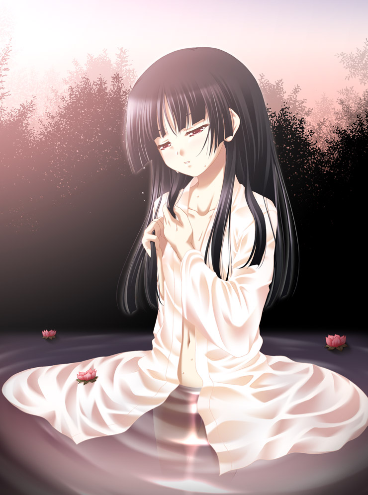 igul, enma ai, jigoku shoujo, 00s, 1girl, adjusting hair, black hair, blunt bangs, covered erect nipples, female focus, flat chest, flower, hime cut, lake, long hair, navel, open clothes, open shirt, outdoors, red eyes, shirt, sky, solo, sunset, tears, wading, water, wet