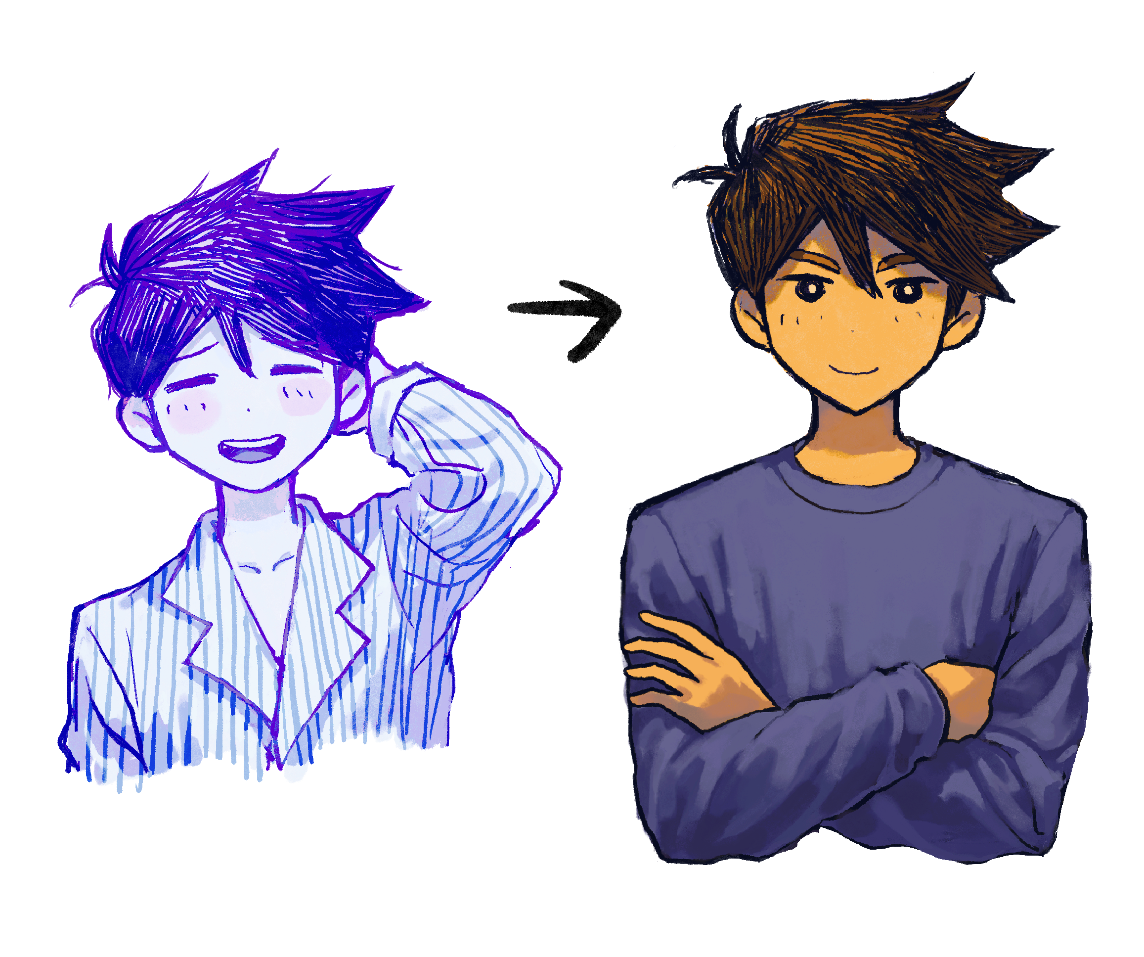 hero (faraway) (omori), hero (headspace) (omori), hero (omori), omori, chinese commentary, commentary request, highres, 2boys, :d, antenna hair, arm behind head, arrow (symbol), black eyes, blue shirt, blush, bright pupils, brown hair, closed eyes, closed mouth, collarbone, colored skin, cropped torso, crossed hands, dark-skinned male, dark skin, dot nose, double-parted bangs, dual persona, facing viewer, hair behind ear, hair between eyes, hatching (texture), long sleeves, looking at viewer, male focus, multiple boys, no sclera, open mouth, pinstripe pattern, pinstripe shirt, puffy long sleeves, puffy sleeves, purple hair, shirt, short hair, simple background, smile, teeth, tiezhu17, tongue, upper teeth only, white background, white pupils, white shirt, white skin