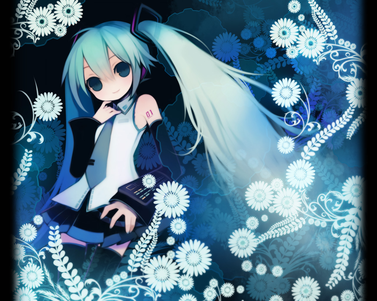 puti devil, hatsune miku, vocaloid, aqua necktie, detached sleeves, flower, long hair, necktie, skirt, solo, thighhighs, twintails, zettai ryouiki