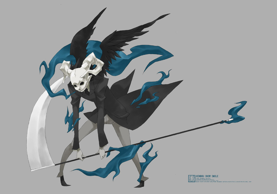 okamaru shikhi, death (entity), original, black wings, death, horns, scythe, shinigami, skull, solo, wings