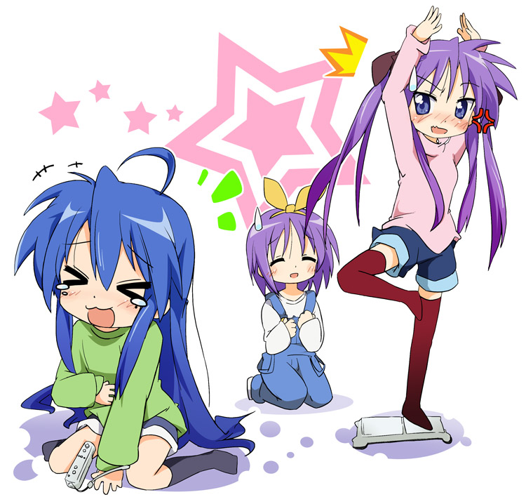 ixy, hiiragi kagami, hiiragi tsukasa, izumi konata, lucky star, nintendo, wii fit, red legwear, > <, 00s, 3girls, :3, anger vein, black socks, body control, closed eyes, controller, feet, game console, game controller, humiliation, kneehighs, laughing, long hair, mole, mole under eye, multiple girls, overalls, playing games, short hair, siblings, sisters, socks, tears, thighhighs, twins, video game, wii, wii remote