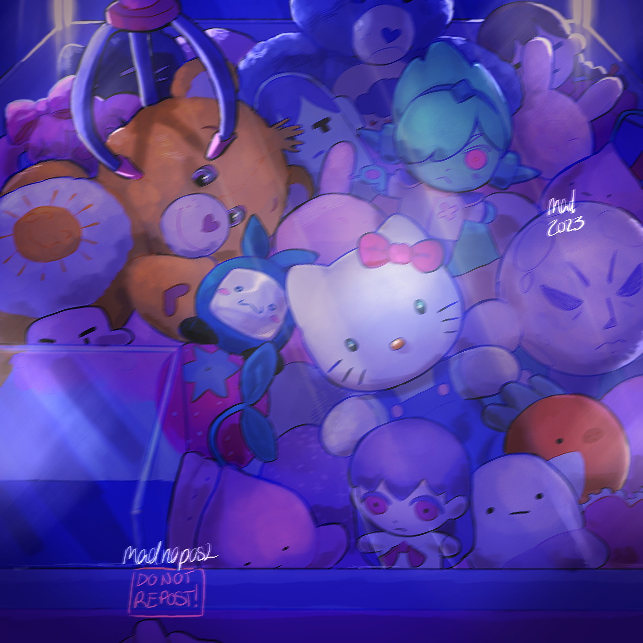 madnopost, captain spaceboy, madotsuki, orange joe (omori), pluto (omori), sprout mole, care bears, hello kitty, omori, sanrio, yume nikki, character request, copyright request, highres, alternate costume, artist name, bangs (omori), character doll, crane game, doll, no humans, nose (omori), stuffed animal, stuffed toy, teddy bear, tomatogirl (omori)