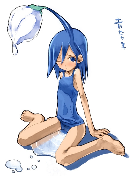kei (keigarou), nintendo, pikmin (series), 1girl, blue eyes, blue hair, female focus, flat chest, matching hair/eyes, one-piece swimsuit, one eye closed, personification, pikmin (creature), school swimsuit, solo, swimsuit, wet, wink