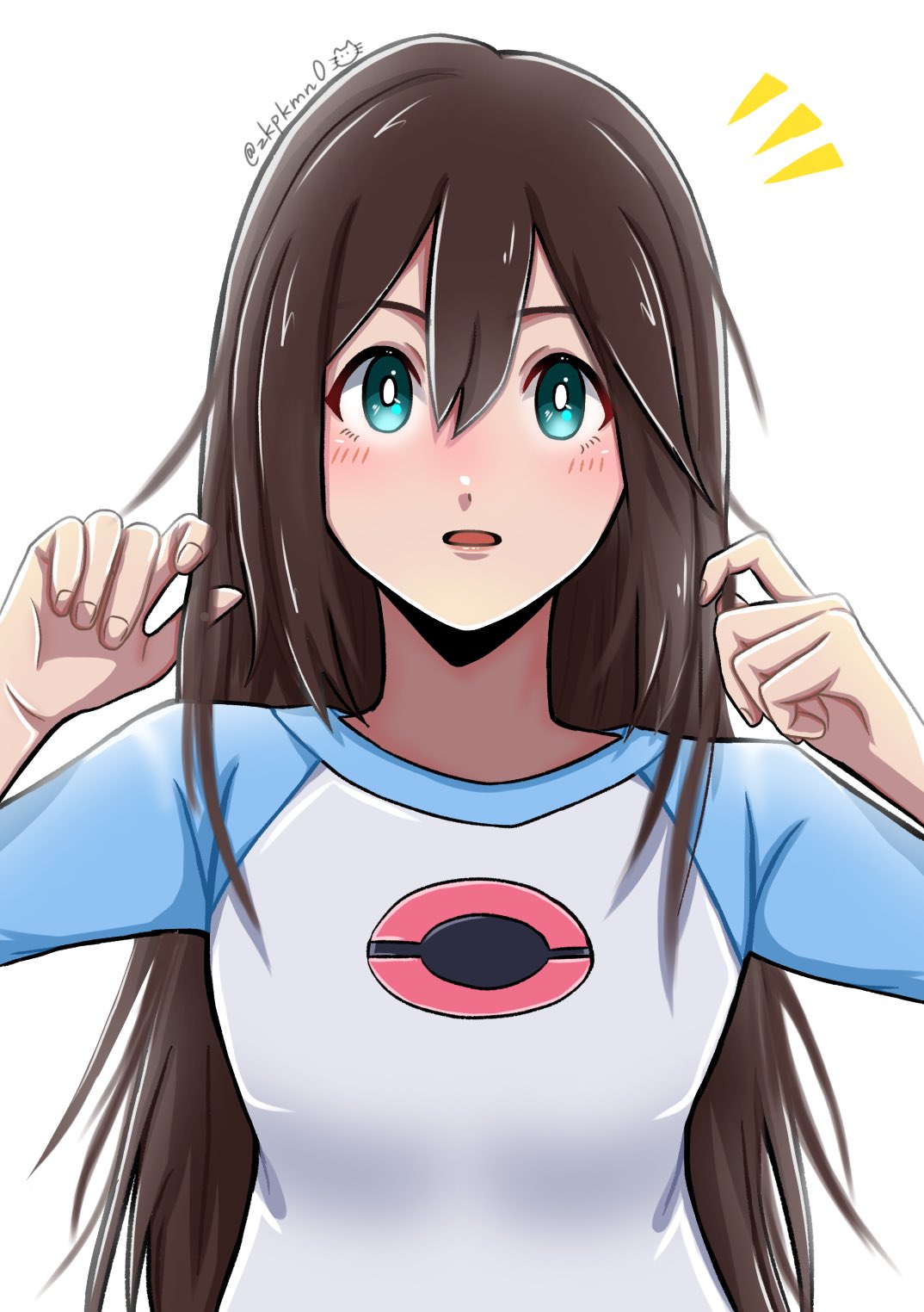 zakku (zkpkmn0), rosa (pokemon), nintendo, pokemon, pokemon bw2, highres, 1girl, blue eyes, brown hair, hair down, jacket, long hair, long sleeves, looking at viewer, open clothes, open mouth, school uniform, shirt, simple background, skirt, solo, upper body, white background, white shirt