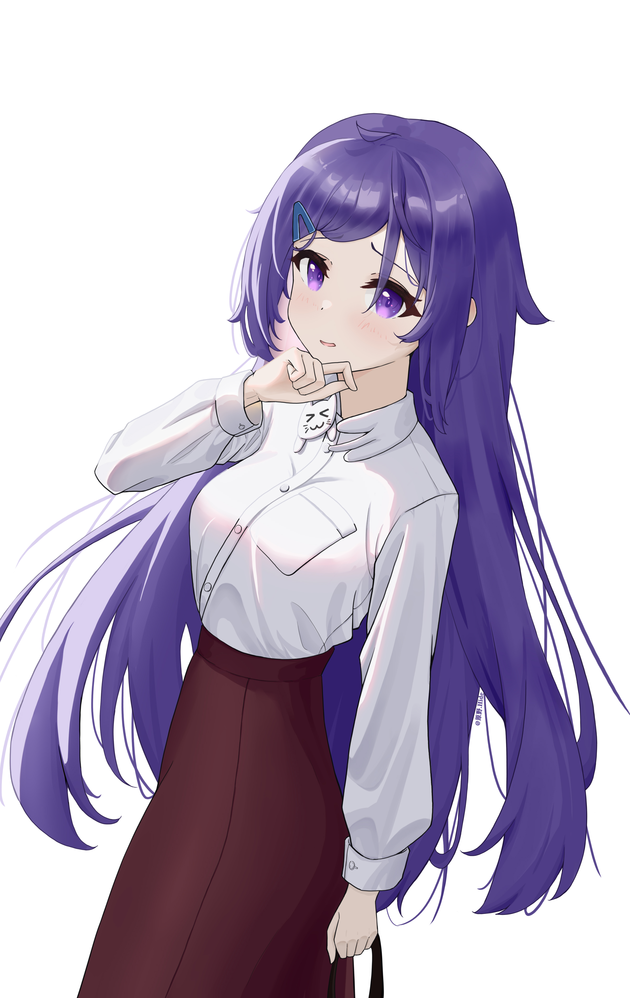 hide21find57, absurdres, commentary request, copyright request, highres, 1girl, breasts, brown skirt, hair ornament, hairclip, hand up, long hair, long sleeves, looking at viewer, medium breasts, parted lips, puffy long sleeves, puffy sleeves, purple eyes, purple hair, shirt, simple background, skirt, smile, solo, swept bangs, very long hair, white background, white shirt