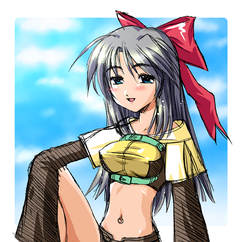 utsugi tsuguha, hunter (ragnarok online), ragnarok online, bad id, commentary request, 1girl, 2000s (style), blue eyes, blue sky, blush, border, bow, breasts, brown gloves, cloud, crop top, elbow gloves, feet out of frame, gloves, grey hair, hair bow, long hair, looking at viewer, medium breasts, midriff, navel, navel piercing, open mouth, outside border, piercing, red bow, shirt, short sleeves, sitting, sky, smile, solo, white border, yellow shirt