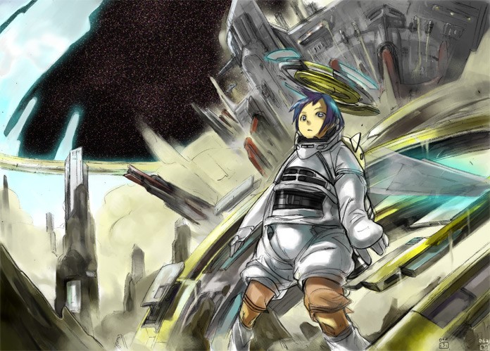 original, 1girl, androgynous, armor, breastplate, canyon, day, desert, female focus, full armor, full body, gauntlets, helmet, long hair, looking at viewer, outdoors, pants, rock, science fiction, solo, spacesuit, standing