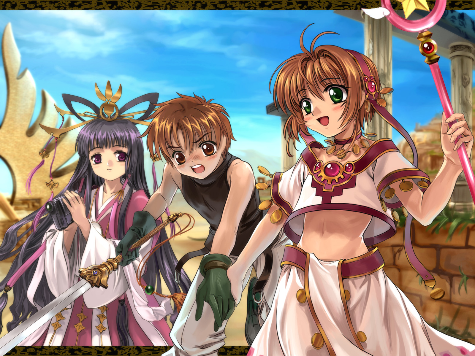 mutsuki (moonknives), daidouji tomoyo, kinomoto sakura, li syaoran, sakura hime, tomoyo hime, xiaolang, cardcaptor sakura, kodansha, tsubasa chronicle, highres, non-web source, 1boy, 2girls, arabian clothes, bare arms, bare shoulders, brown eyes, camcorder, camera, child, closed mouth, cosplay, elementary school age, green eyes, holding hands, hoshi no tsue, japanese clothes, kimono, looking at viewer, magical girl, midriff, multiple girls, navel, outdoors, parody, red eyes, shirt, sleeveless, sleeveless shirt, smile, standing, sword, tank top, video camera, weapon