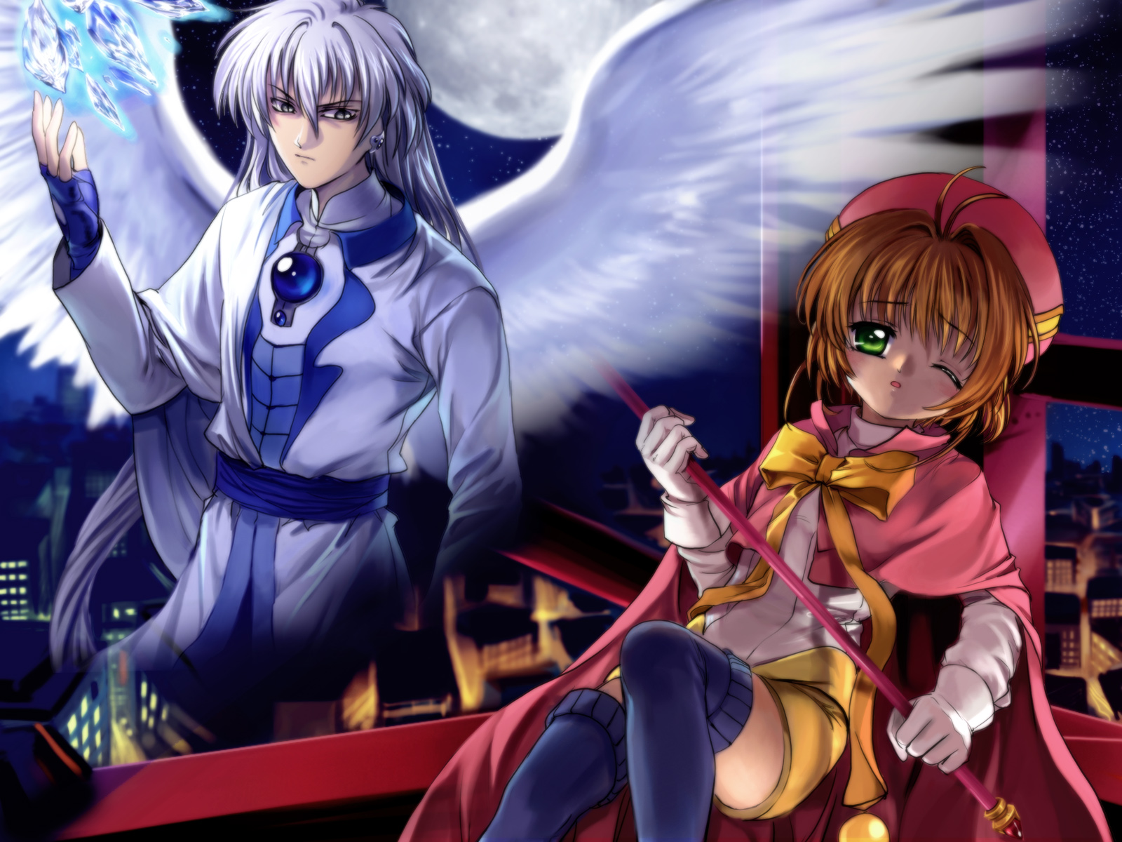 mutsuki (moonknives), kinomoto sakura, kinomoto sakura (dream sakura), yue (cardcaptor sakura), cardcaptor sakura, kodansha, highres, non-web source, 1990s (style), 1boy, 1girl, angel wings, antenna hair, beret, blue thighhighs, bow, brown hair, child, fingerless gloves, fuuin no tsue, gloves, green eyes, grey eyes, grey hair, hat, long hair, magic, magical girl, moon, night, night sky, one eye closed, open mouth, outdoors, pink hat, retro artstyle, short hair, sitting, sky, thighhighs, tokyo tower, very long hair, wand, white gloves, wings, wink, zettai ryouiki