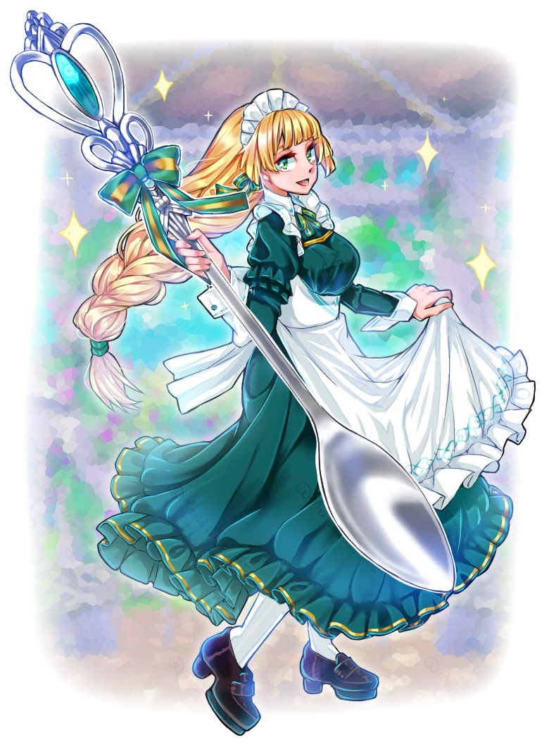 meriaiwaki fe, ingrid brandl galatea, ingrid brandl galatea (cordial teatime), fire emblem, fire emblem: three houses, fire emblem heroes, nintendo, apron, blonde hair, blue dress, bow, breasts, dress, giant spoon, green dress, green eyes, headdress, holding, holding spoon, holding staff, long hair, long sleeves, looking at viewer, mage staff, maid, maid apron, maid headdress, medium breasts, official alternate costume, open mouth, pantyhose, shoes, smile, spoon, staff, white apron, white pantyhose