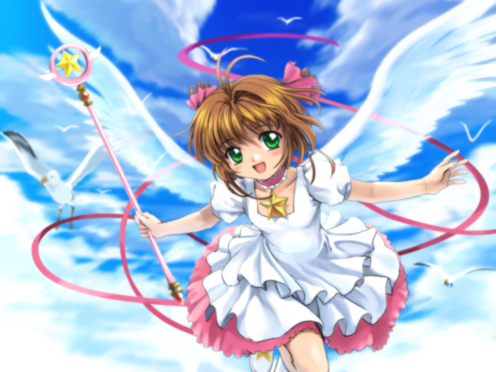 mutsuki (moonknives), kinomoto sakura, kinomoto sakura (astral sakura), cardcaptor sakura, kodansha, highres, non-web source, 1990s (style), 1girl, child, cloud, day, female focus, hoshi no tsue, magical girl, retro artstyle, ribbon, sky, solo, wings