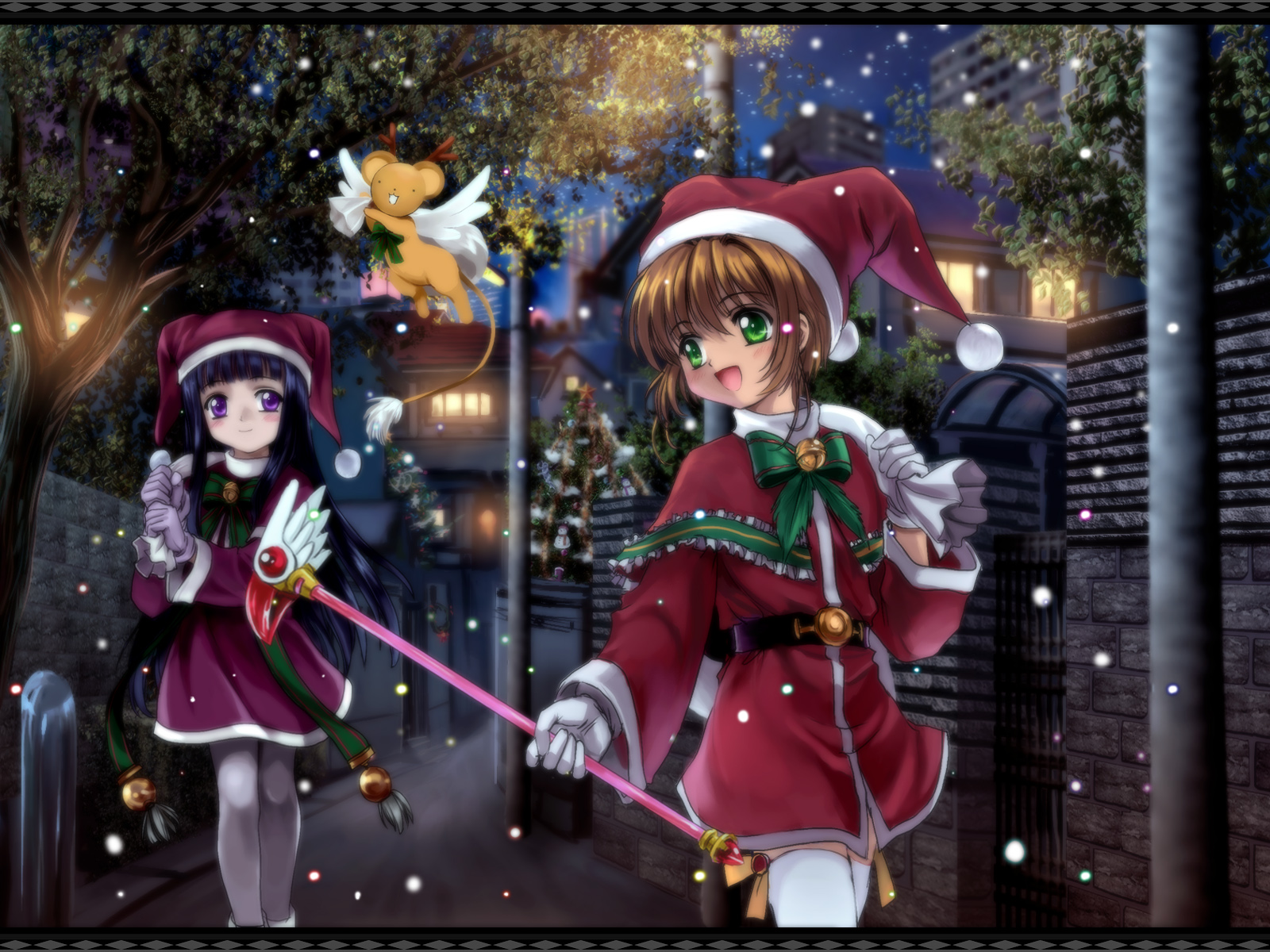 mutsuki (moonknives), daidouji tomoyo, kero (cardcaptor sakura), kinomoto sakura, cardcaptor sakura, kodansha, highres, non-web source, 1990s (style), 2girls, antlers, child, christmas, fuuin no tsue, hat, horns, magical girl, multiple girls, pantyhose, red hat, retro artstyle, santa costume, snow, thighhighs