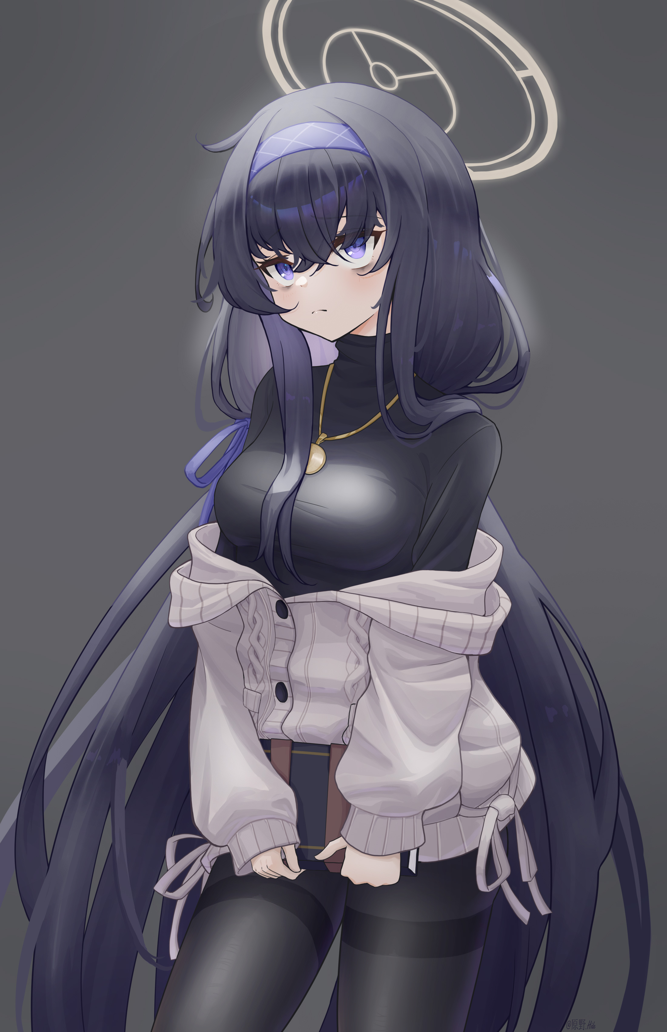 hide21find57, ui (blue archive), blue archive, absurdres, commentary request, highres, 1girl, bags under eyes, black hair, black pantyhose, black shirt, book, breasts, closed mouth, grey background, grey jacket, hair between eyes, hairband, halo, holding, holding book, jacket, long hair, long sleeves, medium breasts, off shoulder, pantyhose, puffy long sleeves, puffy sleeves, purple eyes, purple hairband, shirt, simple background, solo, thighband pantyhose, very long hair
