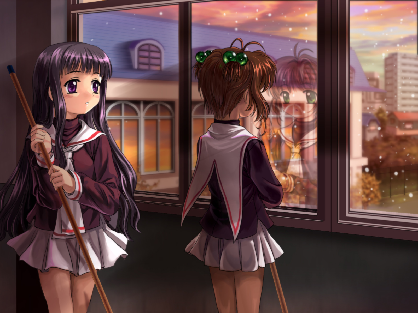 mutsuki (moonknives), daidouji tomoyo, kinomoto sakura, cardcaptor sakura, kodansha, highres, non-web source, 1990s (style), 2girls, antenna hair, black hair, black shirt, blunt bangs, broom, brown hair, child, cowboy shot, green eyes, indoors, letterboxed, long hair, looking outside, miniskirt, multiple girls, neckerchief, pleated skirt, reflection, retro artstyle, school uniform, serafuku, shirt, skirt, snow, snowing, standing, tomoeda middle school uniform, two side up, white skirt, window