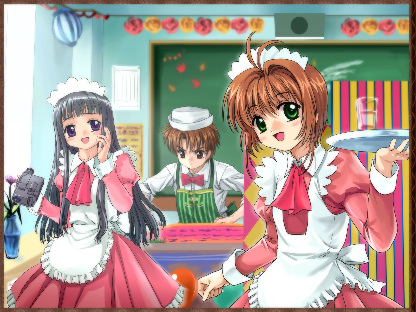 mutsuki (moonknives), daidouji tomoyo, kinomoto sakura, li syaoran, cardcaptor sakura, kodansha, highres, non-web source, 1990s (style), 1boy, 2girls, black hair, blush, brown hair, camcorder, camera, child, dress, flower, green eyes, happy, hat, indoors, long hair, maid, multiple girls, plant, retro artstyle, short hair, smile, video camera, waiter, waitress