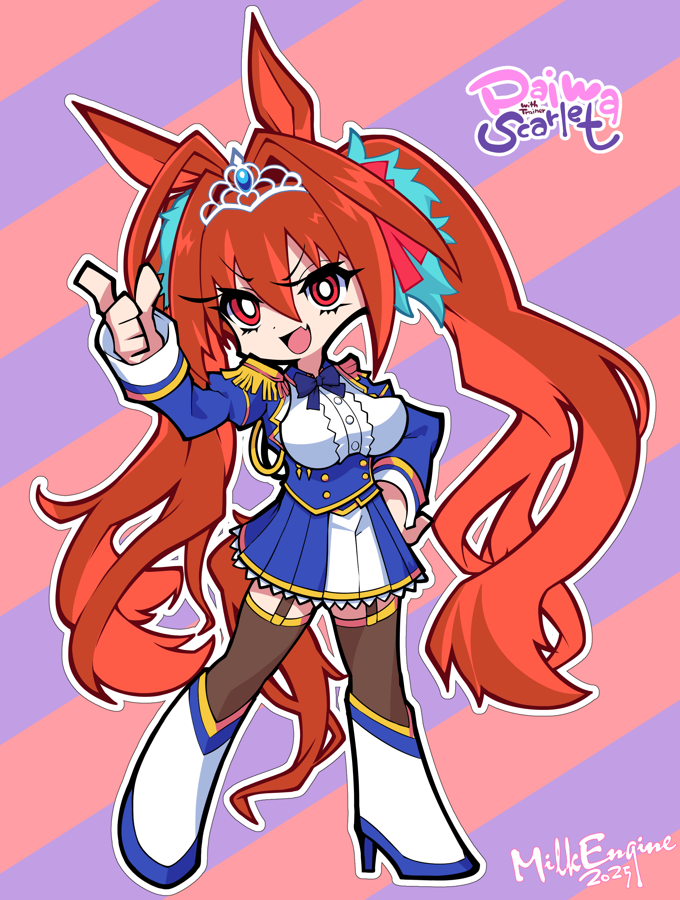 kyosuke fujiwara, daiwa scarlet (umamusume), panty & stocking with garterbelt, umamusume, absurdres, commentary, highres, 1girl, animal ears, artist name, black thighhighs, blue bow, blue bowtie, blue jacket, blue skirt, boots, bow, bowtie, brown hair, dated, epaulettes, fang, full body, garter straps, grey tiara, hair intakes, hair ornament, hair ribbon, hand on own hip, horse ears, horse girl, jacket, logo parody, long hair, long sleeves, looking at viewer, miniskirt, open mouth, outline, parody, pleated skirt, red eyes, red ribbon, ribbon, shirt, skin fang, skirt, smirk, solo, standing, style parody, thighhighs, twintails, v-shaped eyebrows, very long hair, white boots, white outline, white shirt