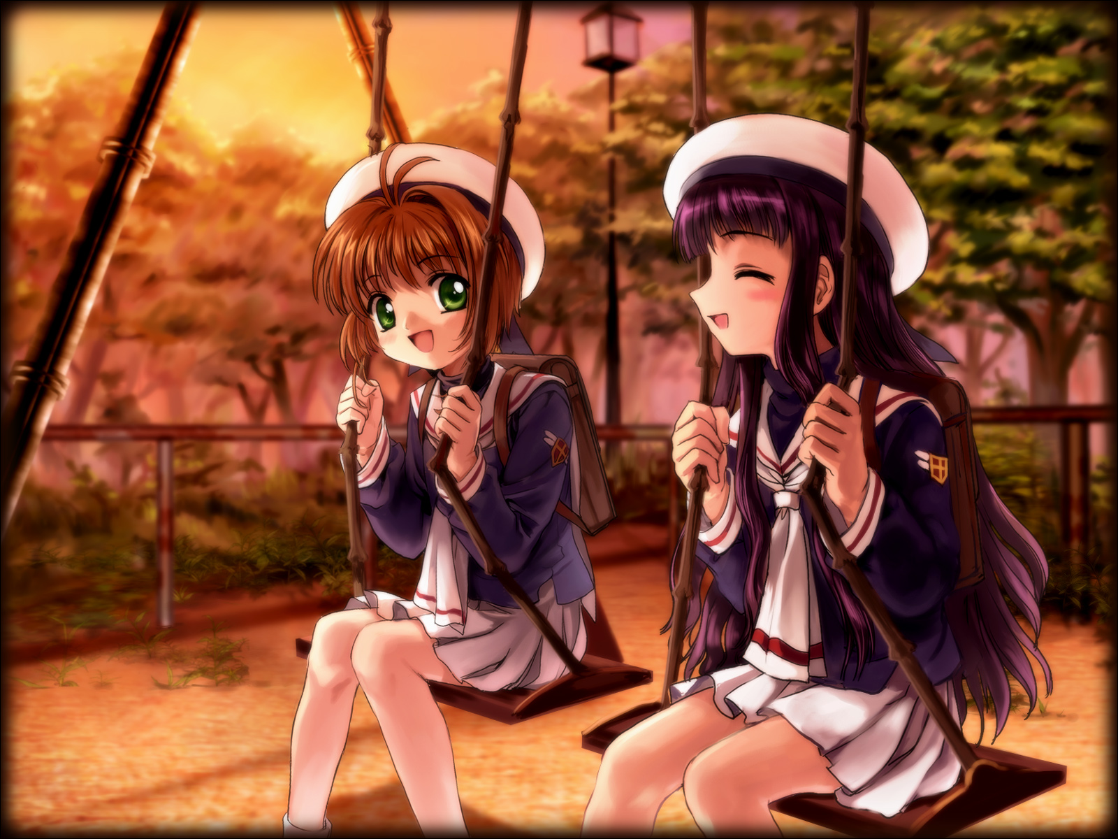 mutsuki (moonknives), daidouji tomoyo, kinomoto sakura, cardcaptor sakura, kodansha, highres, 1990s (style), 2girls, child, hat, multiple girls, on swing, outdoors, retro artstyle, sailor hat, school uniform, serafuku, sitting, swing, tomoeda middle school uniform, white hat