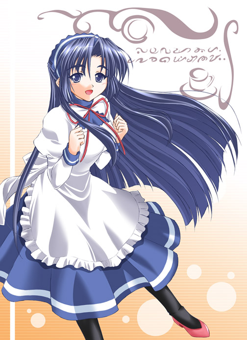 shiigetsu yuu, asakura ryoko, suzumiya haruhi no yuuutsu, 00s, 1girl, blue eyes, blue hair, female focus, maid, matching hair/eyes, pantyhose, solo