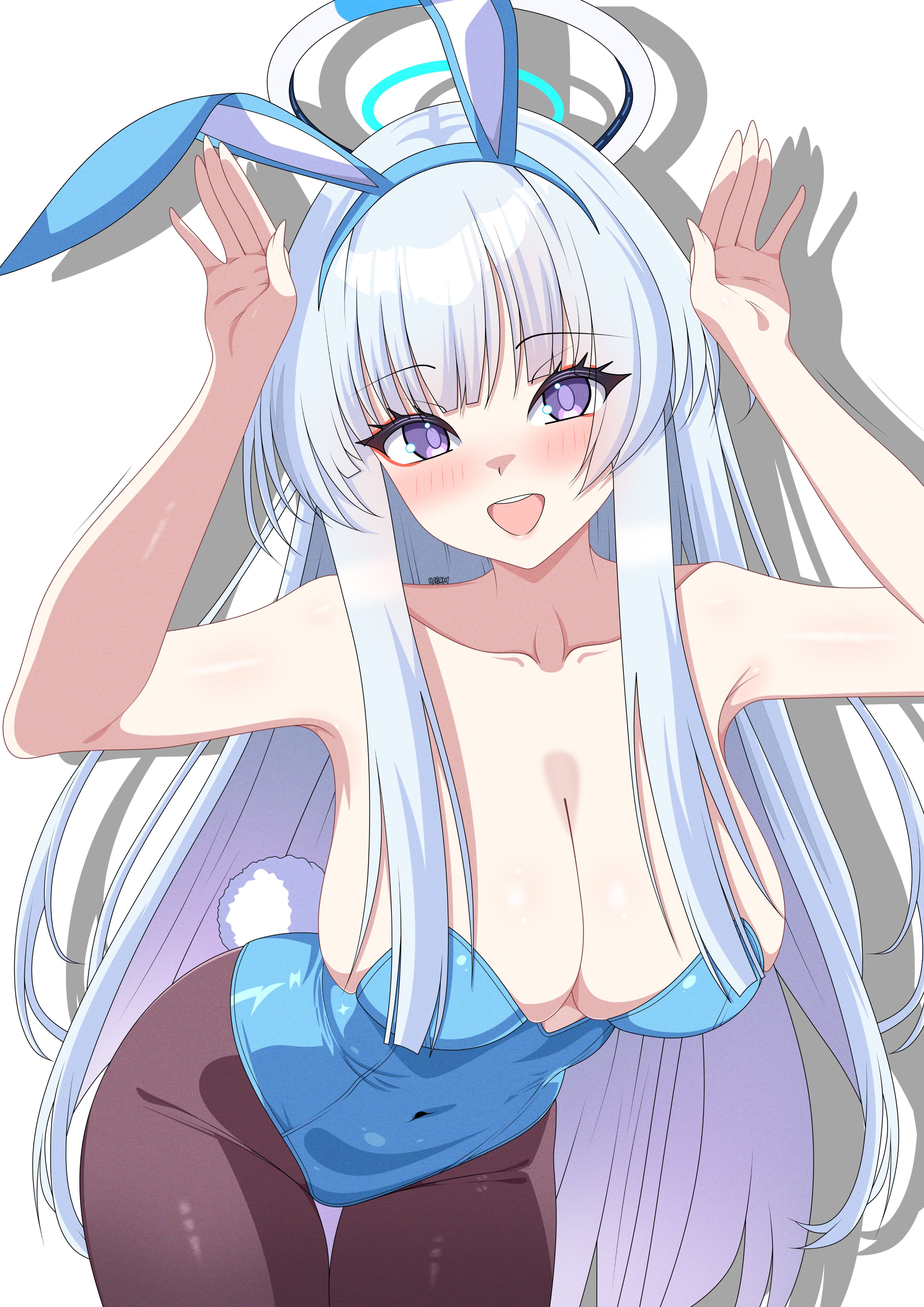 hazaky, asuna (blue archive), asuna (bunny) (blue archive), noa (blue archive), blue archive, absurdres, highres, 1girl, animal ears, asuna (blue archive) (cosplay), bare shoulders, blue leotard, blush, breasts, cleavage, collarbone, cosplay, covered navel, fake animal ears, fake tail, grey hair, halo, large breasts, leotard, long hair, looking at viewer, mechanical halo, open mouth, pantyhose, purple eyes, rabbit ears, rabbit pose, rabbit tail, smile, solo, strapless, strapless leotard, tail, thighband pantyhose, white halo