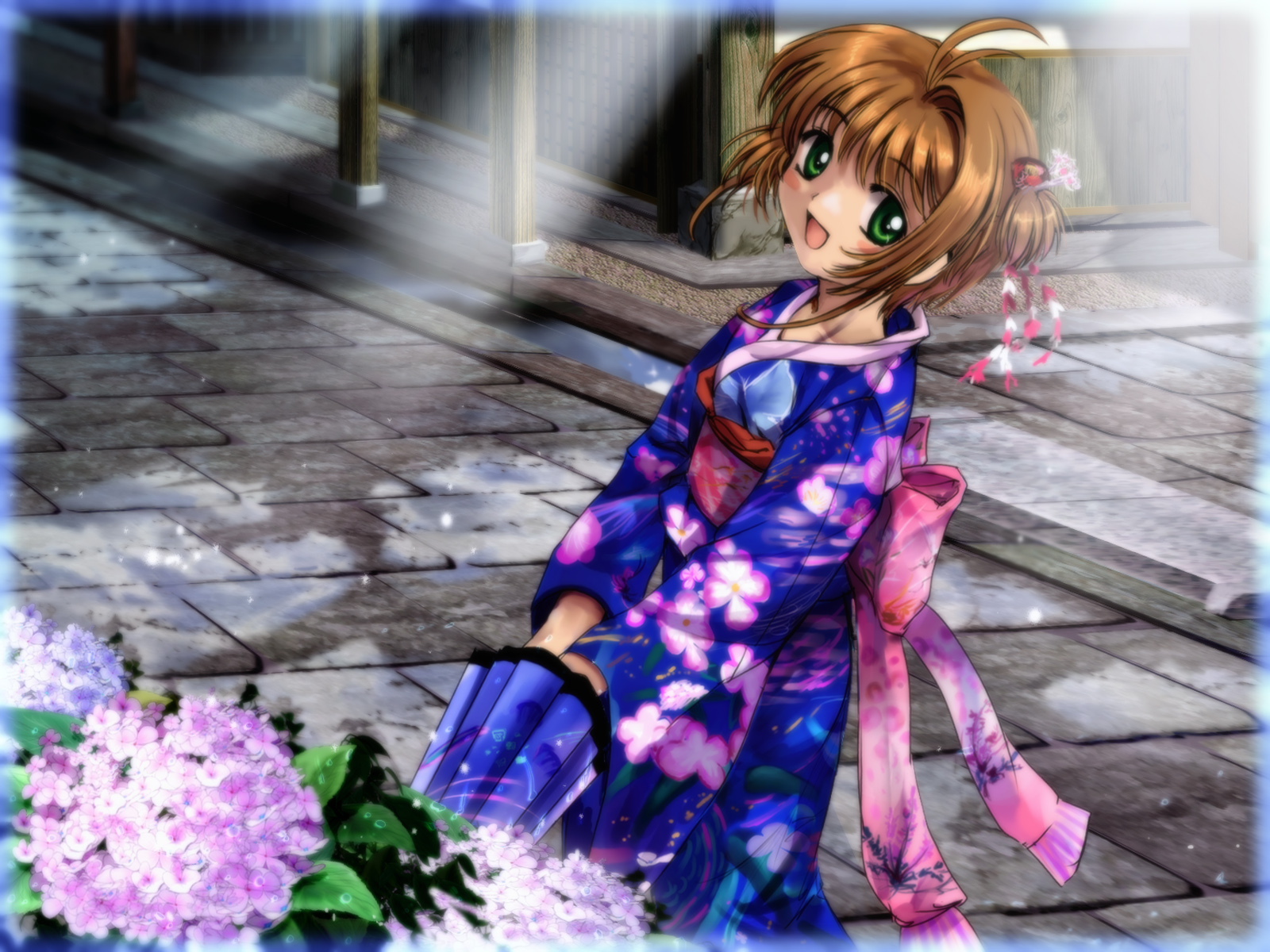 mutsuki (moonknives), kinomoto sakura, cardcaptor sakura, kodansha, highres, non-web source, 1990s (style), 1girl, child, female focus, flower, hydrangea, japanese clothes, kimono, oil-paper umbrella, retro artstyle, solo, umbrella