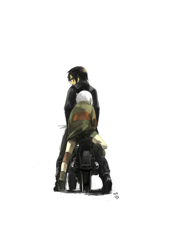 hermes (kino no tabi), kino (kino no tabi), tea (kino no tabi), kino no tabi, vehicle, 00s, 2girls, androgynous, black hair, motor vehicle, motorcycle, multiple girls, reverse trap, short hair, simple background, white background, white hair