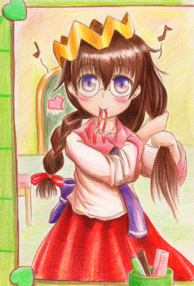 takaramono, ripple star queen, kirby (series), kirby 64, nintendo, 1girl, back bow, black hair, blush, bow, crown, hair ribbon, heart, long hair, looking at mirror, mirror, musical note, purple eyes, red ribbon, red skirt, ribbon, skirt, smile