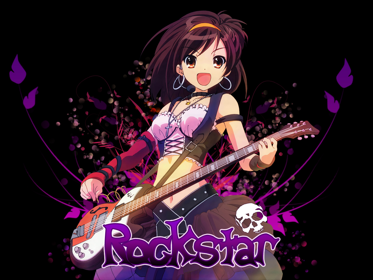 suzumiya haruhi, suzumiya haruhi no yuuutsu, 00s, brown hair, earrings, guitar, hairband, headset, instrument, jewelry, orange eyes, short hair, solo